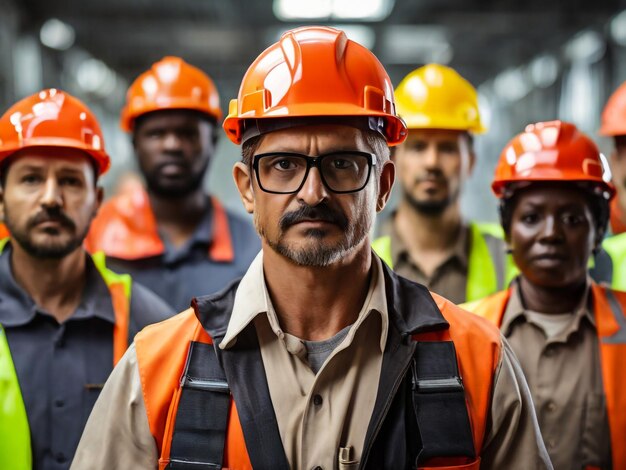 un groupe d'hommes portant des casquettes orange et des gilets orange