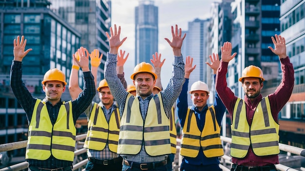 un groupe d'hommes portant des gilets jaunes avec le mot " précaution " sur eux