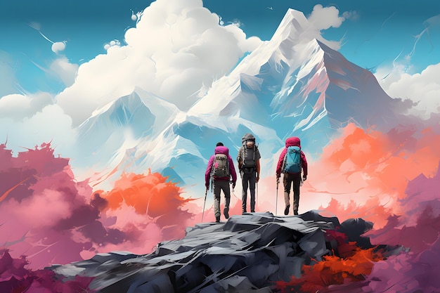 un groupe d'hommes portant une veste et un sac colorés à la montagne