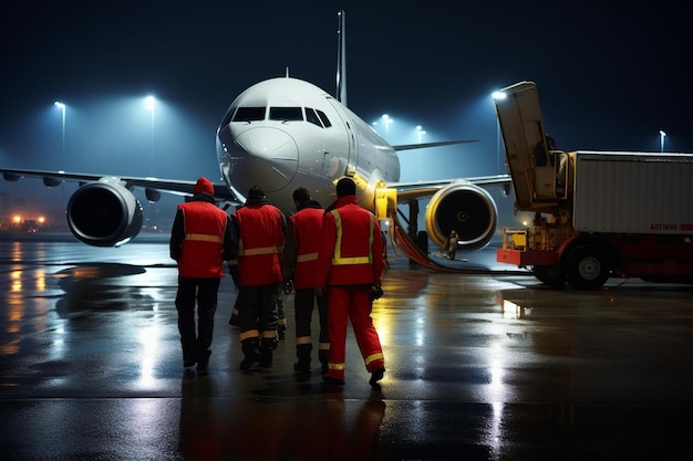 un groupe d’hommes portant des vestes rouges se tiennent devant un avion.