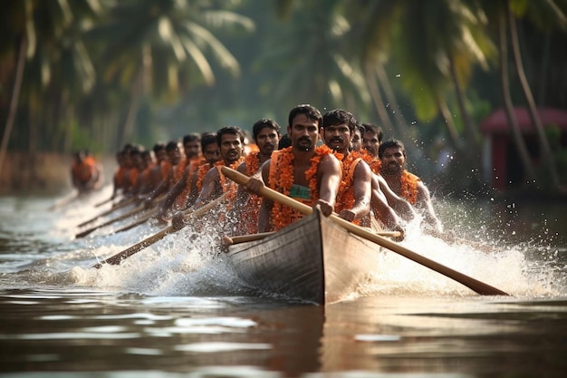 un groupe d'hommes ramant un bateau avec des gilets de sauvetage orange.