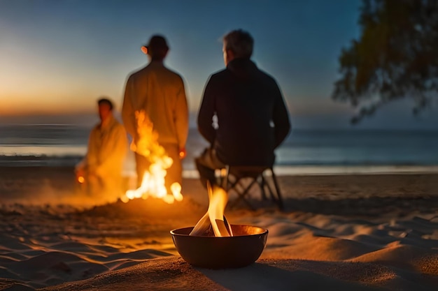 Un groupe d’hommes s’assoit sur la plage et regarde le coucher du soleil.