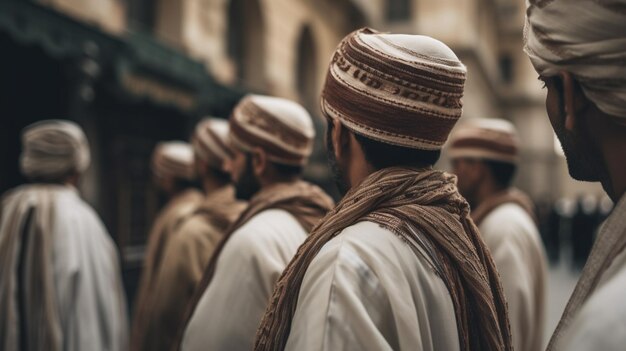 Un groupe d'hommes se tient dans une rue au Maroc.