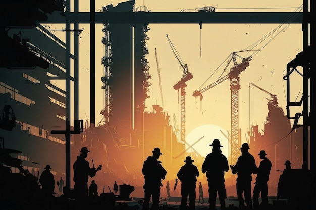 Un groupe d'hommes se tient devant un chantier de construction avec un coucher de soleil en arrière-plan.