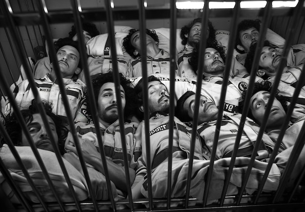 Photo un groupe d'hommes sont dans une cage avec le mot mets sur le dos