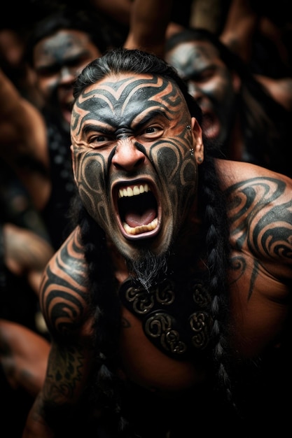 Photo un groupe d'hommes avec des tatouages sur leurs visages maori haka est une danse de guerre traditionnelle