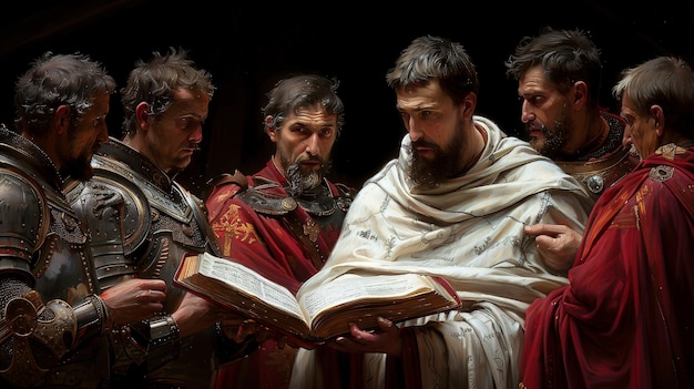 Photo un groupe d'hommes en tenue romaine ancienne s'engage dans une discussion sérieuse sur un livre ouvert.