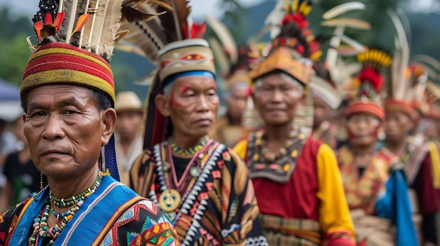 Photo un groupe d'hommes d'une tribu indigène en tenue traditionnelle avec un visage peint et des coiffures élaborées en plumes et en perles