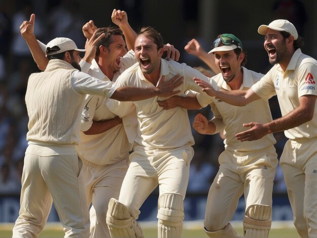 Photo un groupe d'hommes en uniforme blanc célébrant un wicket sur un terrain