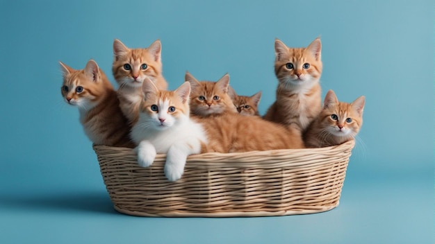 Un groupe hyper réaliste de chat dans un panier fond bleu