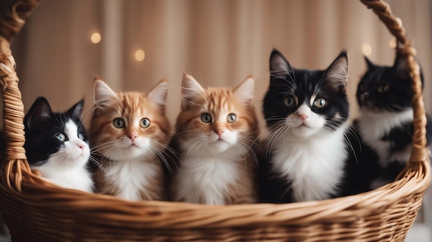 Un groupe hyper réaliste de chat dans un panier fond bleu