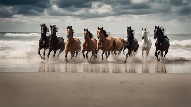 Un groupe hyper réaliste de chevaux courant sur la plage