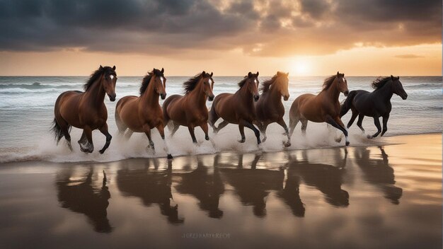 Photo un groupe hyper réaliste de chevaux courant sur la plage