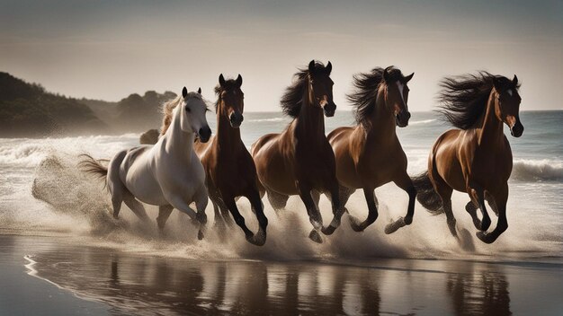 Photo un groupe hyper réaliste de chevaux courant sur la plage