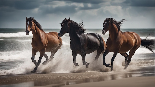 Photo un groupe hyper réaliste de chevaux courant sur la plage