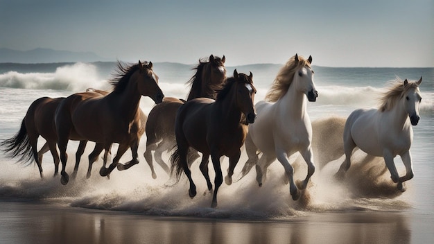 Photo un groupe hyper réaliste de chevaux courant sur la plage
