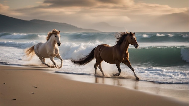 Photo un groupe hyper réaliste de chevaux courant sur la plage