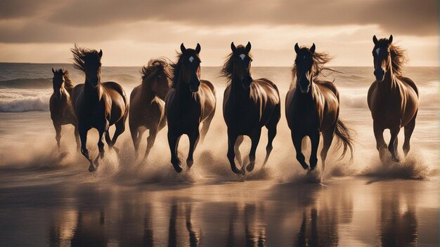 Photo un groupe hyper réaliste de chevaux courant sur la plage