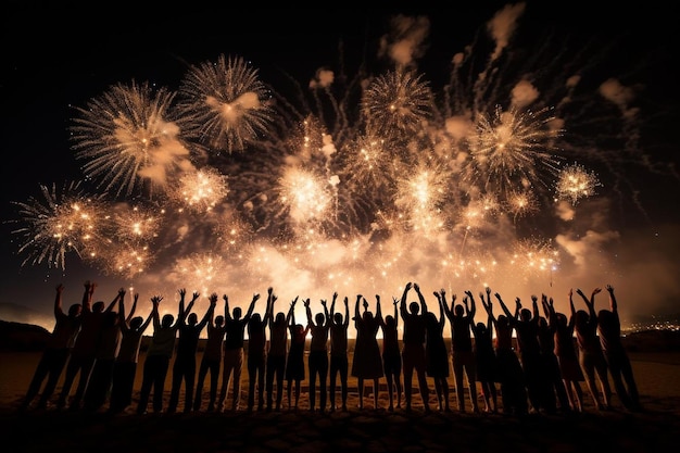 Un groupe d'individus debout ensemble comme des feux d'artifice éclairent le ciel nocturne dans un spectacle éblouissant