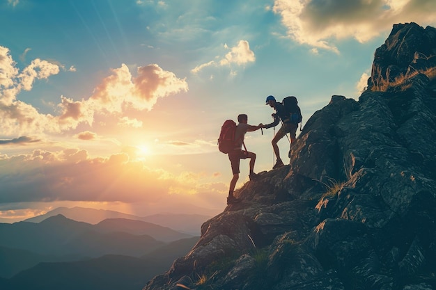 Un groupe d'individus gravissant les pentes abruptes d'une montagne majestueuse. Un randonneur offrant un coup de main à son ami lors de l'ascension d'une montagne. IA générée