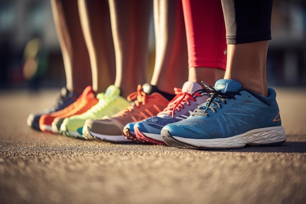 Un groupe d'individus laçant leurs chaussures de course créées avec la technologie d'IA générative