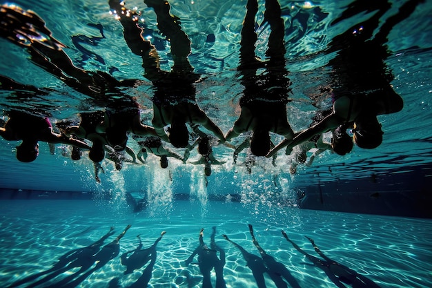 Photo un groupe d'individus nageant et se déplaçant sous l'eau dans une piscine une photo sous-marine d'une pratique d'équipe de natation synchronisée générée par l'ia