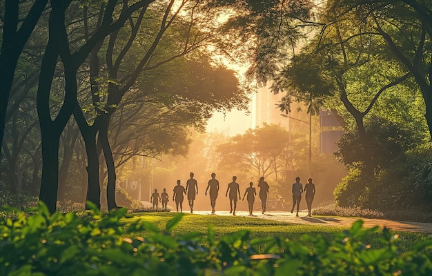 Un groupe d'individus se promènent dans le parc le matin pour faire de l'exercice