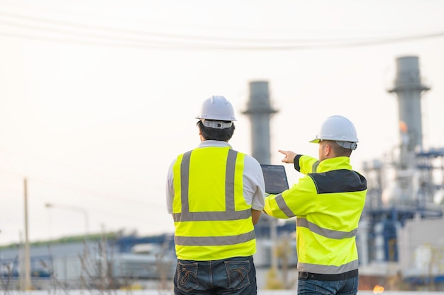 Groupe ingénieur pétrochimiste homme asiatique travaillant à l'usine de l'industrie de l'usine de raffinerie de pétrole et de gaz