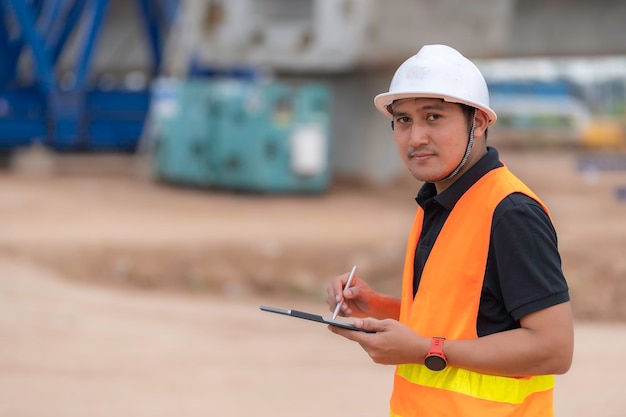 Un groupe d'ingénieurs asiatiques discute des travaux sur le site du bâtiment en constructionL'équipe de l'entrepreneur discute de la conception de la structureTrois ouvriers travaillent à l'extérieur