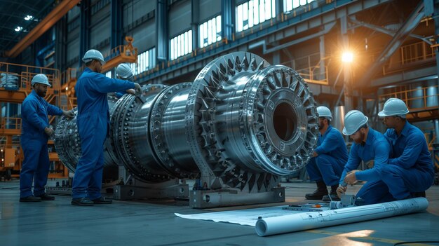 Un groupe d'ingénieurs inspecte un grand moteur à turbine dans une usine