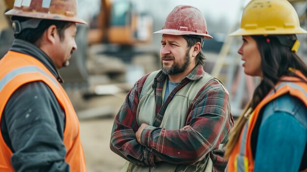 Un groupe d'ingénieurs masculins et féminins tenant un plan et discutant de l'entretien des turbines éoliennes dans une ferme de moulins à vent Une équipe d' ingénieurs travailleurs travaillant et vérifiant dans une farme d'éoliennes