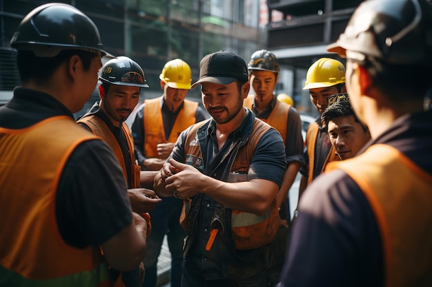 Groupe d'ingénieurs et d'ouvriers du bâtiment travaillant ensemble sur le chantier