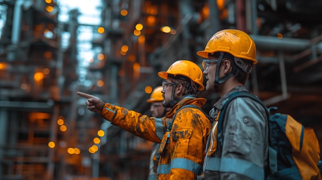 Un groupe d'ingénieurs supervise de manière contemplative les opérations de l'IA générative des installations industrielles