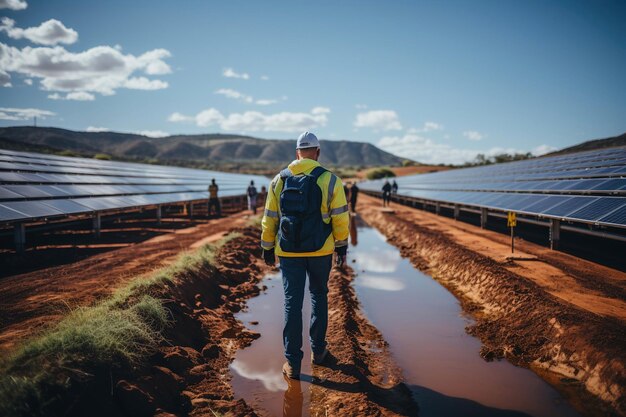 Groupe d'ingénieurs travaillant dans une usine de panneaux solaires photovoltaïques Generative AI