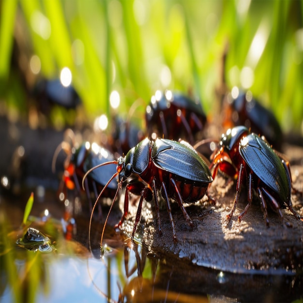 Un groupe d'insectes incendiaires sont présents sur un tronc de bois