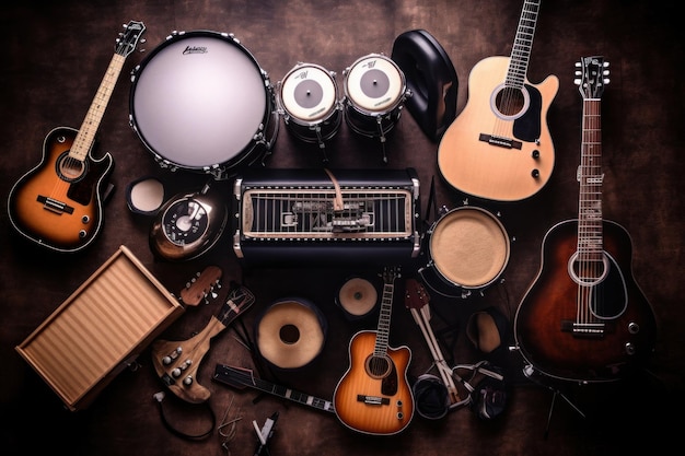 Photo groupe d'instruments de musique comprenant une guitare, un tambour, un clavier et un tambourin
