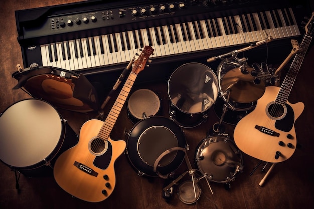 Photo groupe d'instruments de musique comprenant une guitare, un tambour, un clavier et un tambourin