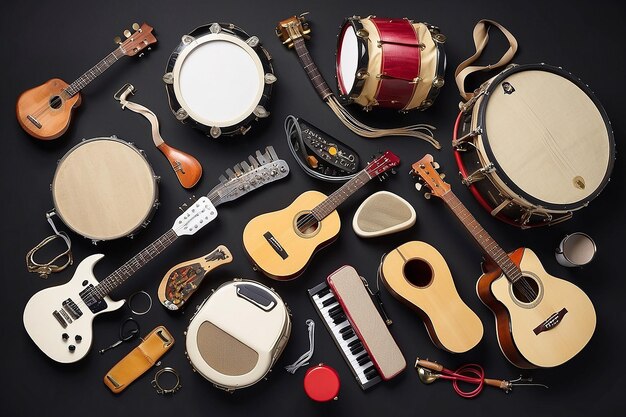 Un groupe d'instruments de musique comprenant un tambourin à clavier de tambour de guitare