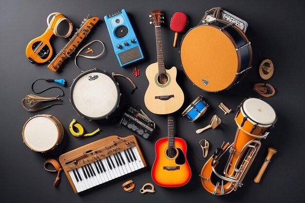 Un groupe d'instruments de musique comprenant un tambourin à clavier de tambour de guitare