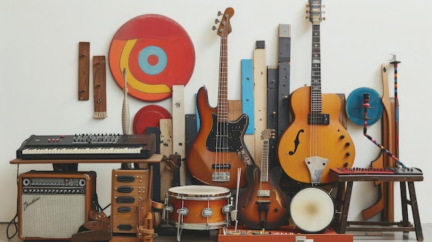 Photo un groupe d'instruments de musique comprenant un tambourin de clavier de tambour de guitare