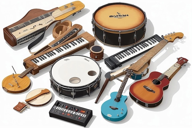 Photo un groupe d'instruments de musique comprenant un tambourin à clavier de tambour de guitare