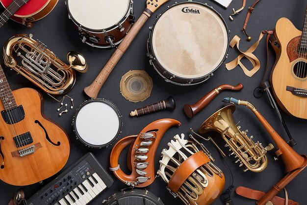 Photo un groupe d'instruments de musique comprenant un tambourin à clavier de tambour de guitare