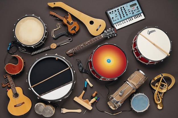 Photo un groupe d'instruments de musique comprenant un tambourin de clavier de tambour de guitare