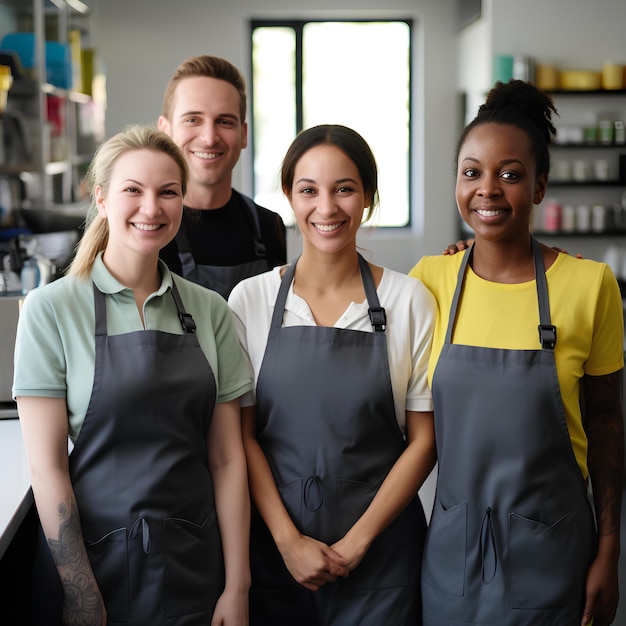 Groupe interracial de nettoyeurs pour une entreprise de conciergerie souriant