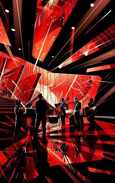 Photo un groupe de jazz de fusion jouant dans une salle de concert moderne avec abstr banner design postcard collage art ink