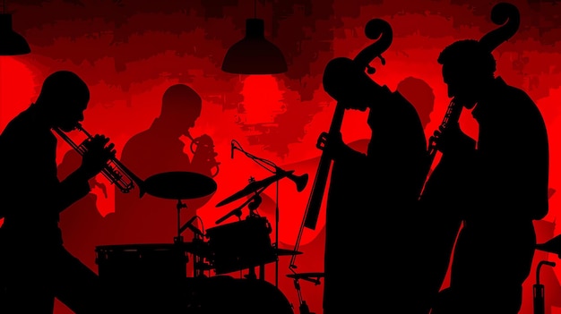 Photo un groupe de jazz joue dans un club. les musiciens sont en silhouette et le fond est d'une couleur rouge foncé.