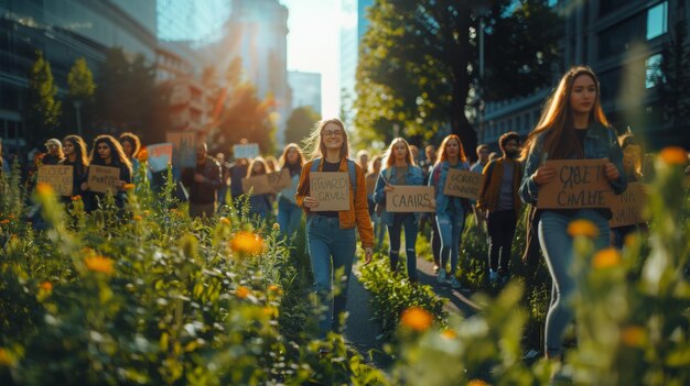 Photo un groupe de jeunes activistes marchant dans une ville avec des pancartes et des affiches lors d'une