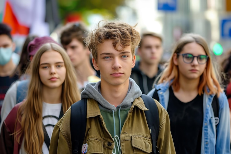 Photo groupe de jeunes adolescents et étudiants en vêtements décontractés avec des sacs à dos debout ensemble à l'extérieur concept d'unité et d'amitié