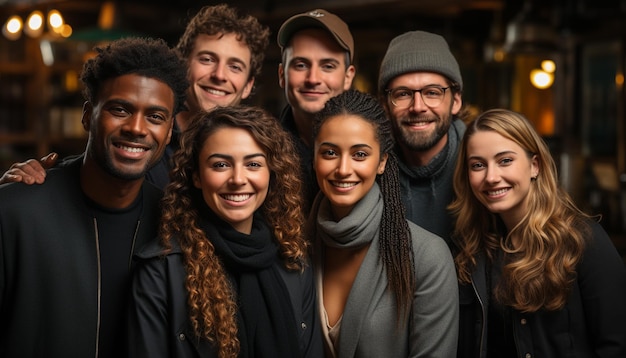 Un groupe de jeunes adultes souriants profitant d'une nuit joyeuse générée par l'intelligence artificielle