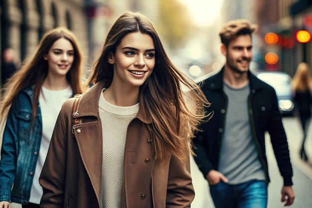 Un groupe de jeunes amis bien habillés marchent joyeusement dans une rue urbaine au coucher du soleil généré par Ai